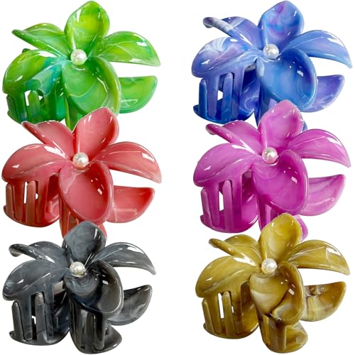 Pince à cheveux fleur multicolore avec perles : lot de 6 pinces crabe en plastique brillant