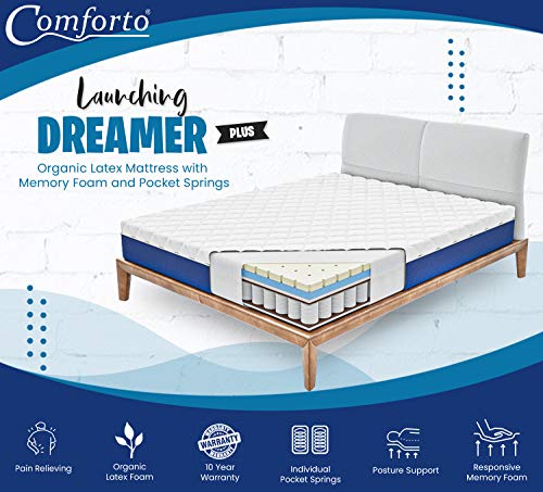 Image of Comforto 8 Inch Dreamer Plus | Organic Latex Mattress with Memory Foam and Pocket Springs | Medium Firm Feel (75x60x8 Inches, Queen Size)