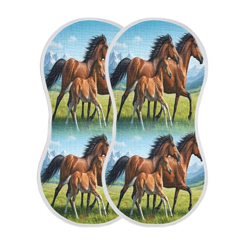 Kigai Horses Running in The Meadow Baby Muslin Burp Cloths 2 Pack, Soft 4 Absorbent Layers Cotton Burp Rags for Newborn Girls Boys
