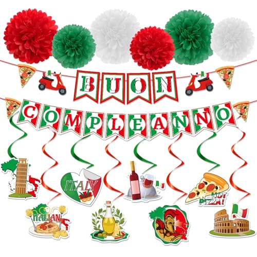 Deorfuy Italian Themed Party Decorations, 16PCS Italian Buon Compleanno Banner with Hanging Swirls Decoration, Italian Pizza Red White and Green Paper Poms Decor Supplies