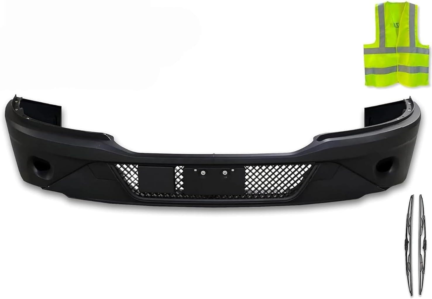 KOZAK Black Plastic Bumper with Fog Lamp Hole (13 parts) Compatible with Kenworth T680 Next Gen 2022 2023+ PLUS Logo, 2x22" Windshield Wipers, License Plate Frame and Vest