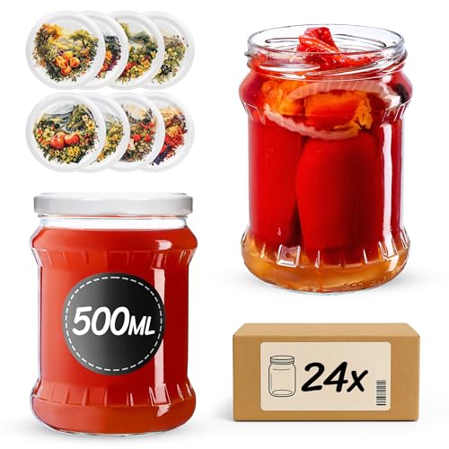 KADAX Tarros de conserva, 500 ml, con tapa de rosca fi82 mm, tarros para conservas de frutas, verduras, miel y conservas, tarros de rosca (huerto, 24 unidades)