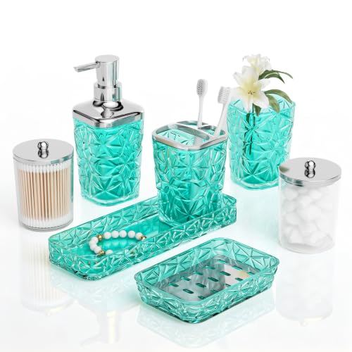 Bathroom Accessories Set, 7 Pcs Teal Bathroom Set, Acrylic Soap Dispenser and Toothbrush Holder Set, Qtip Holder Set, Bathroom Sink Set, Gift for Home Apartment by GENNICCI - Used condition - US$25.64