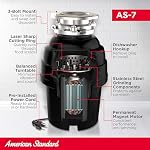 American Standard 10-US-AS-7 Garbage Disposal Anti-Jam Stainless Steel Food Waste Grinding System, Heavy Duty, 3/4 HP, Black