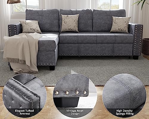 Ucloveria Sectional Sofa Couch, 91" Sleeper Sofa Bed With Reversible Storage Chaise Pull Out Couch Bed For Living Room L-Shape Lounge 2 In 1 Sectional Couch With Pull Out Bed, Delta Gray #TOP4