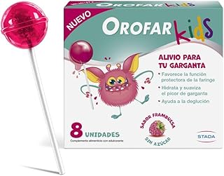 Kids alivia e acalma a comichão na garganta, laringe e cordas vocais, 8 pirulitos sabor framboesa, sem açúcar, para crianças +3 anos e adultos
