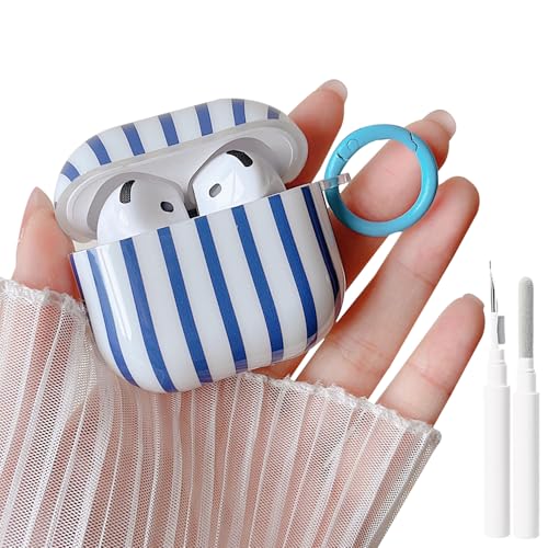 Image of MINSCOSE for AirPods 4 Clear Case,Cute Striped Aesthetic Pattern Design with Trendy Keychain Ring,Soft TPU Protective Shockproof Cover with Cleaner Kit for Girls Women for Airpods 4-Dark Blue