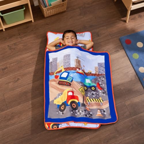 Image of EVERYDAY KIDS Toddler Nap Mat with Removable Pillow -Under Construction- Carry Handle with Fastening Straps Closure, Rollup Design, Soft Microfiber for Preschool, Daycare, Sleeping Bag -Ages 2-6 years