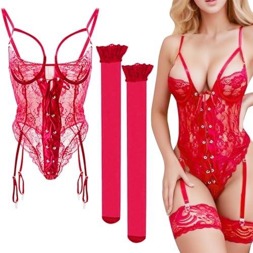 Sadodo Dessous Sexy Sets,Strapsen Dessous Set Lace Wäsche für Fauen,Damen Bodysuit,Overall Lingerie mit Loch Reizwäsche Sexy Unterwäsche (ROT)
