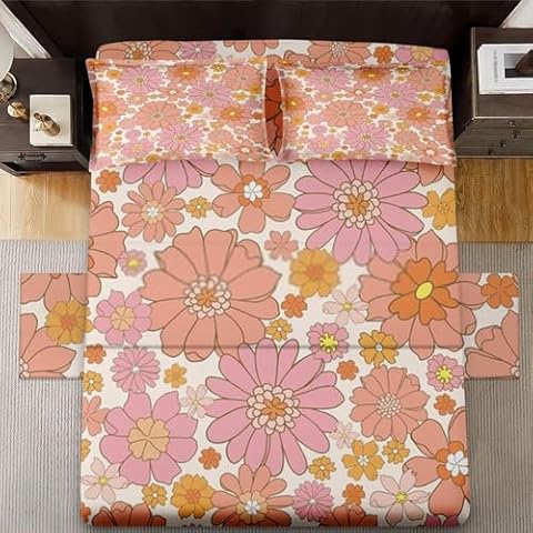 Pinbeam 3 Pcs Fitted Sheet Set Twin Size with 16" Deep Pocket, Retro Vintage Pink Bedding Set with Pillowcase for Kids and Adults, Orange Floral Flower Flat Bed Sheet Set Cover
