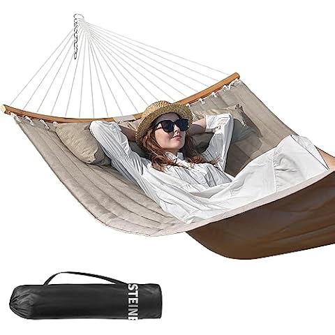 Double Hammock, 11 FT Quilted Fabric 2 Person Hammock for Outside with Pillow, Folding Curved Spreader Bar, Chains, Carrying Bag, Indoor Outdoor, 450 IB Capacity, BlanchedAlmond Cover