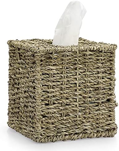 BSTKEY Natural Seagrass Wicker Facial Tissue Cover Household Square Napkin Cover, Decorative Woven Paper Holder Cube Tissue Organizer for Facial Tissue, Napkin, Tissue Paper