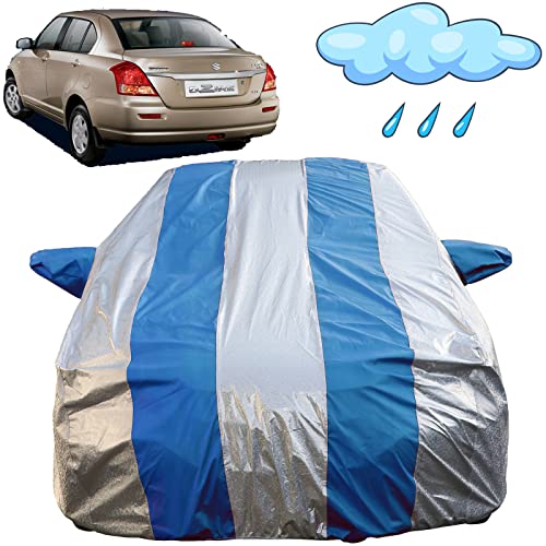 Image of Autofact Waterproof Car Body Cover Compatible with Maruti Swift Dzire (2005 to 2011) with Mirror Pockets (Blue Stripes with Shinning Silver Fabric /Waterproof Cover)