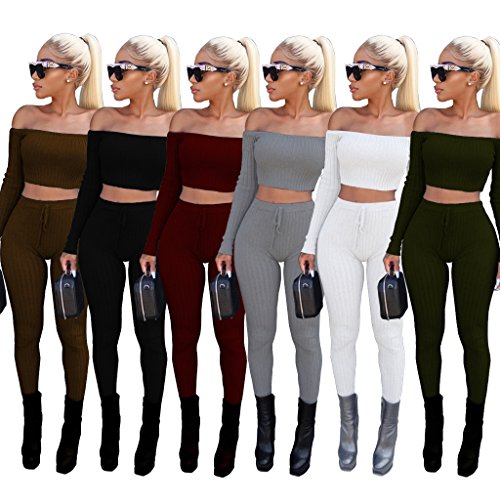 Dreamparis Women's 2 Piece Outfits Ribbed Off Shoulder Crop Top + Skinny Pants Sets (S, Grey)