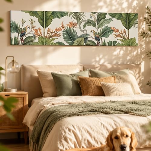 Image of Green Tropical Botanical Canvas Framed Wall Art Painting For Living Room, Green Tropical Leaves & Parrots Painting With Frame Leaf & Bird Nature Wall Art For Home & Office, 12x46 Inch