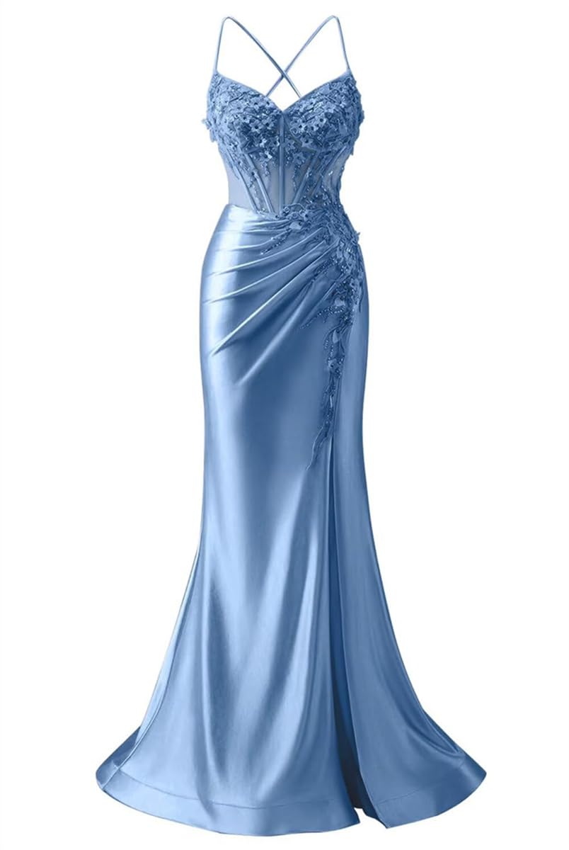Brigow Women's Dusty Blue Lace Decals Red Carpet Gowns With Straps Graduation Party Gown Homecoming Dresses For Teens Uk6
