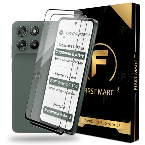 Image of FIRST MART Tempered Glass Screen Protector for Motorola G67 Power /Moto G57 Power - Full-Glue Screen Guard, 3D Edge to Edge, HD Clear, Bubble-Free, Case-Friendly, Black, Pack of 2