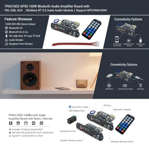 Image of TPA3116D2 AP55 100W Bluetooth Audio Amplifier Board with Remote | FM, USB, AUX, TF Card, Wireless BT 5.0 Audio Module | Support MP3 /WMA /WAV Combo