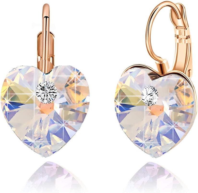 Austrian Crystal Heart Drop Leverback Earrings for Women 14K Rose Gold Plated Hypoallergenic Jewelry