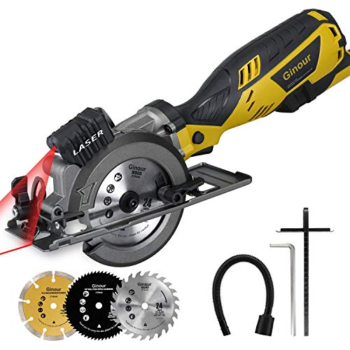 Ginour 4-1/2" Compact Electric Circular Saw Set, 5.8A Circular Saw with Laser Guide, 3 Saw Blades and Scale Ruler Ideal for Wood, Soft Metal, Tile and Plastic Cuts
