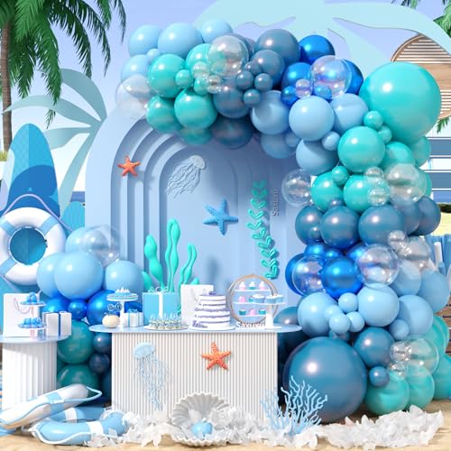 Arche de ballons océan bleu turquoise pour décoration de baptême