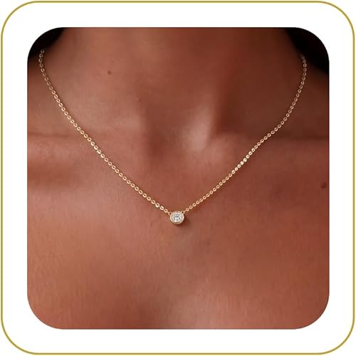 Tewiky Dainty 14k Gold Plated/Silver Cubic Zirconia Necklaces for Women, Simple CZ Jewelry Necklaces Trendy Gifts