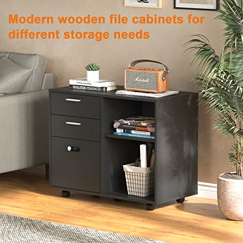 Koifuxii File Cabinets For Home Office 3 Drawer, Wood Filing Cabinets With Lock, Mobile Lateral File Cabinet With Wheels, Printer Cabinet With Storage Shelves, Gray #TOP5