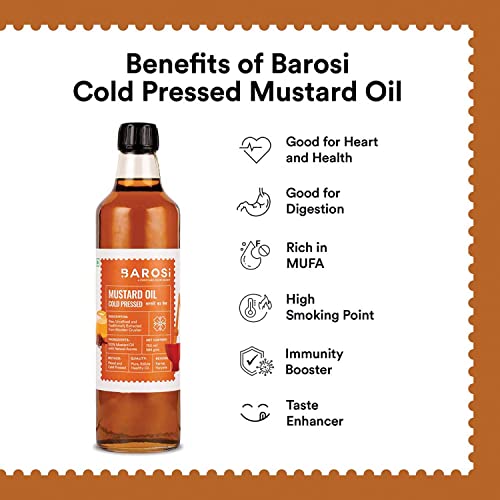 Image of Barosi Kachi Ghani Mustard Oil 1.5 Litre (Combo of 2 * 750ml) | Pure & Natural Cold Pressed Mustard Oil (Sarso Tel) | Traditionally Extracted from Wooden Crusher | Glass Bottle Packaging