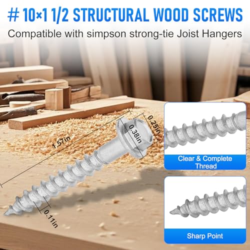 Image of Mech.Galv.#10 x 1-1 /2 inch Joist Hanger Screws-500 Qty, Joist Connector Screws | 10112R500 Hurricane Screws,1 /4 inch Hex Socket Wood Screw,0.370 inch-Dia Deck Screw,1500 Hours Salt Spray Test Connector Screws