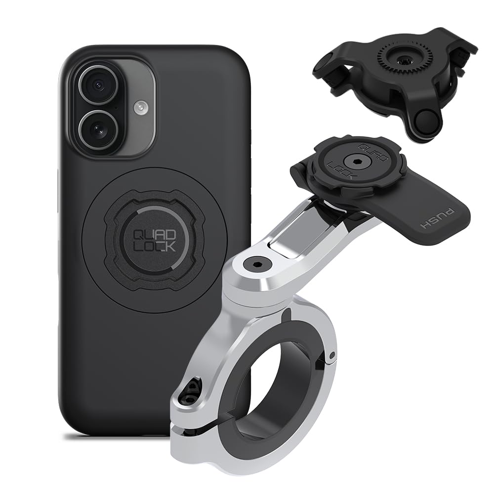Quad Lock Motorcycle Handlebar Phone Mount PRO Chrome - Large with Vibration Dampener and MAG Phone Case for iPhone 17