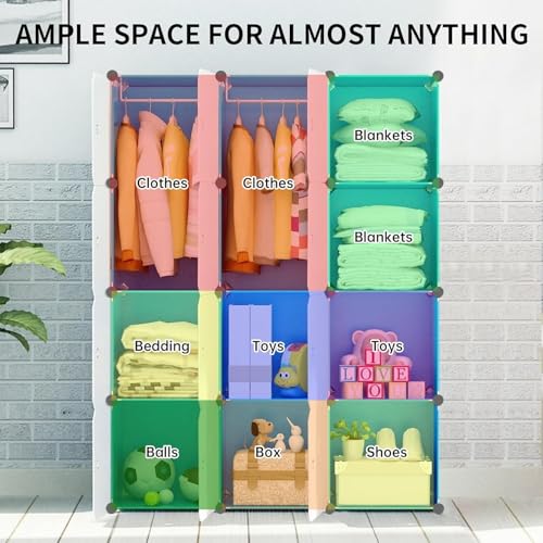 Image of EXVITO Kids Plastic Wardrobe - 12 Door Foldable Almirah for Clothes with Hanging Rod, Collapsible Wardrobe Cartoon Print Cupboard for Baby & Kids Room - KTC3