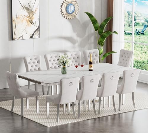 Image of Modern Extendable Dining Table Set for 10, Faux Marble Expandable Table with 10 Beige Velvet Chairs & Silver Mirrored Pedestal Base, 63 inch to 94 inch 3-Position Expansion, 11 Piece Luxury Dining Table Set