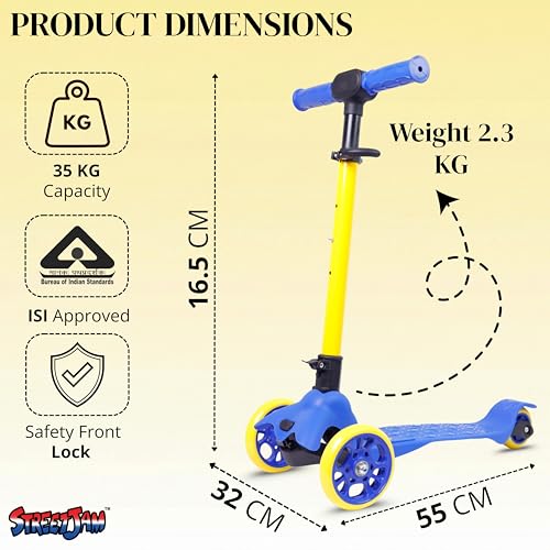 Image of STREETJAM Komiks Kids Kick Scooter for 3-12 Years, Tilt & Turn Safety Lock (1st Time in India), BIS Approved, Lean-to-Steer, Wide Deck, Adjustable Height, Up to 35 kg Load (Blue with Golden Yellow)
