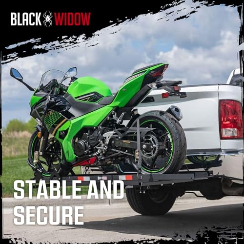 Image of Black Widow Steel Motorcycle Carrier with Ramp for 2-Inch Receiver, 600 lb Capacity - Hitch-Mounted Dirt Bike and Scooter Hauler with Grit-Coated Track and Anti-Rattle Device for SUVs and Trucks