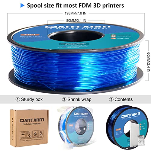 Image of GIANTARM TPU Filament 1.75mm Flexible Soft 3D Printer Consumables Blue,95A 1kg Spool (2.2 lbs.), Dimensional Accuracy + /- 0.05 mm