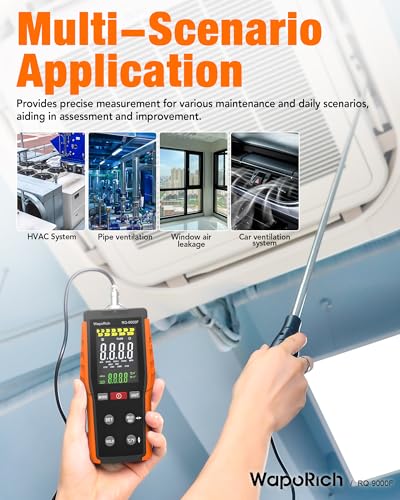 Thermisches Windmesser Windmessgerät, WapoRich Hitzdraht-Anemometer HVAC CFM Meter misst Windgeschwindigkeit, Temp(℃/℉), CMM/CMS/CFM mit MAX/MIN, Data Hold - RQ-9000F