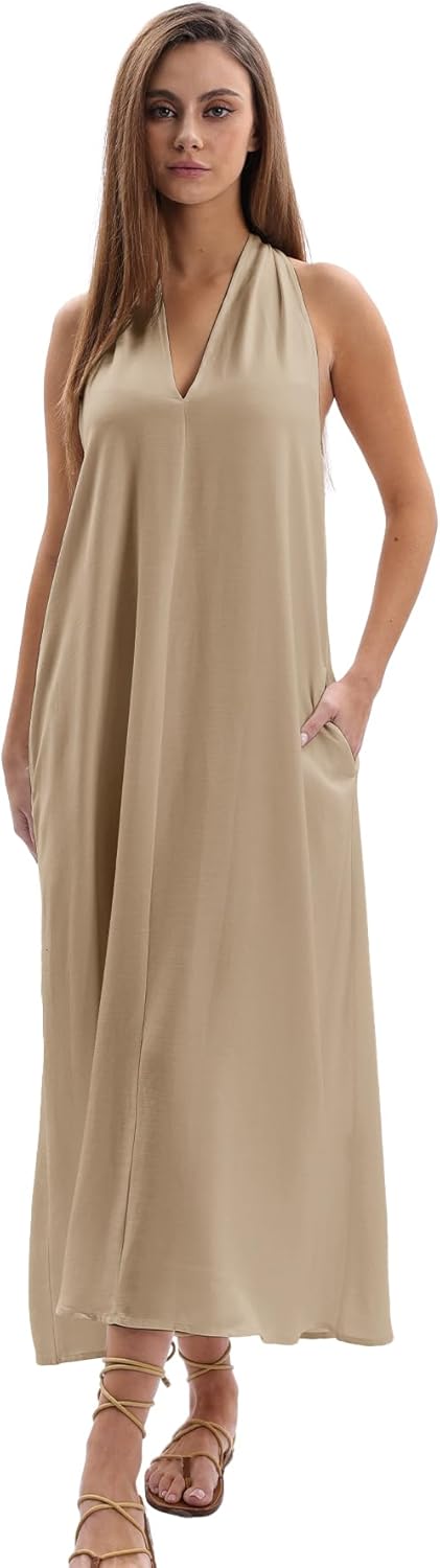 Amazhiyu Women's Linen Halter Sleeveless Casual Summer Maxi Dresses with Pockets Khaki, Small