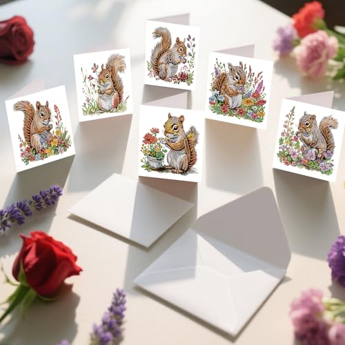 Image of AiYuanzsh 6 Pack Diamond Painting Greeting Cards with Envelopes, DIY 5D Diamond Art Card Kit Featuring Cute Squirrels, 30x15cm Handmade Rhinestone Cards Crafts for Greetings and Seasonal Wishes