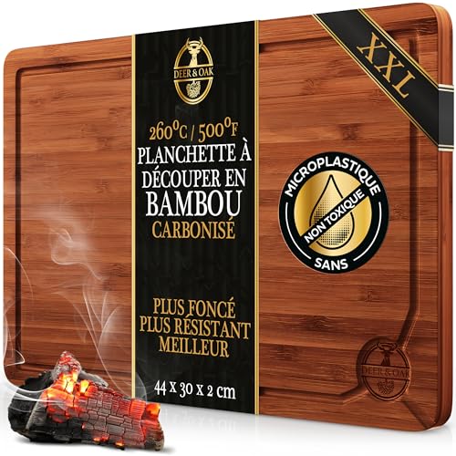 Deer & Oak Planche à découper en bambou pré-huilé pour découper la viande, le poisson, les légumes, les fruits, le fromage, le pain - Taille XL - 44 x 30...