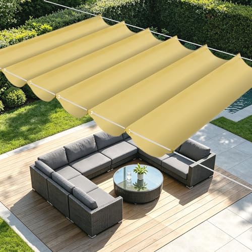 Toldo Vela de Sombra Retráctil 250 x 460 cm Impermeables Toldo Vela Rectangular con Ojales y Cuerdas para Patios, Jardines, Terrazas, Cocheras, Amarillo Arena