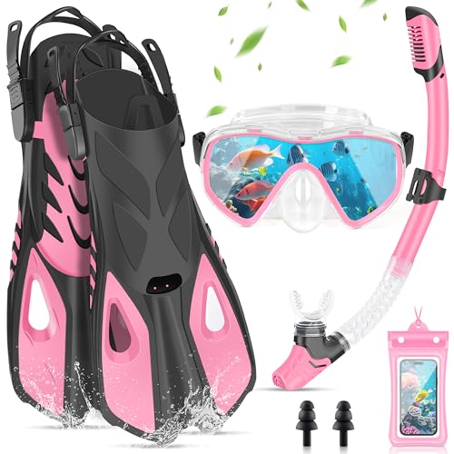 IEEILULU Set di Boccaglio Adulti, Set da Snorkeling 7 Pezzi con Occhiali da Immersione Antiappannante Boccaglio e Pinne Regolabili, Snorkeling Accessori Completi con Borsa, Due Taglie (Rosa, S/M)