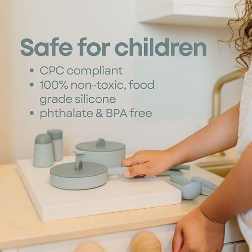 Miniatura 4 de RayPlay Juego de 9 accesorios de cocina de silicona de grado alimenticio para niños, juego de accesorios de cocina de juguete para niños con ollas y