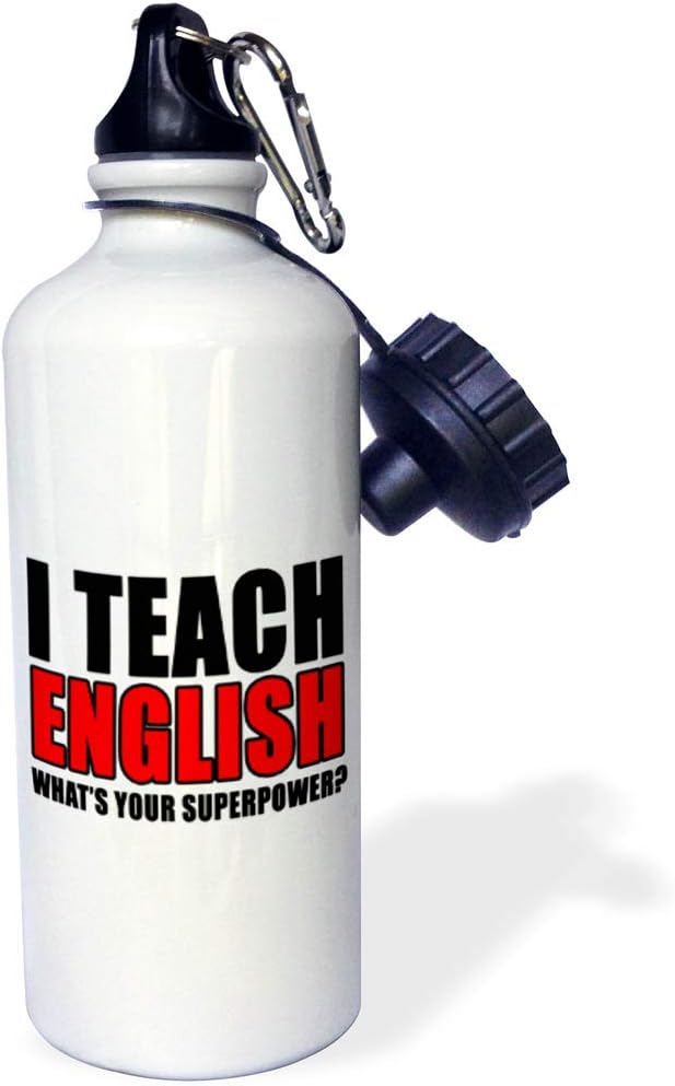 3dRose "I Teach English Whats Your Superpower Red" Sports Water Bottle, 21 oz, White