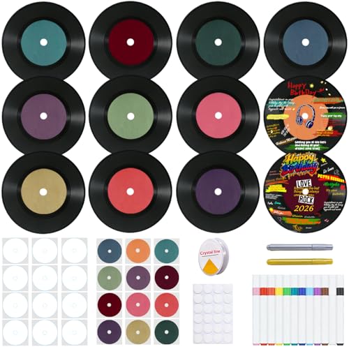 CSCHENGO 7 Inch Vinyl Records Decor Kit - 12 PCS Double-Sided Blank Records Vinyl with 24 Labels, 14 Pens, Hanging/Wall Decor, Fake Records for DIY Enthusiasts Event Planners Birthdays Decor