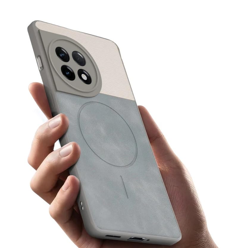 Image of Bintage CASE Dual-Leather Mac Safe Design Phone Case| Soft Touch Finish | Full Camera Protectection Back Cover Compatible for OnePlus CPH2487 / 1+ 11R 5G - White & Matelic Grey
