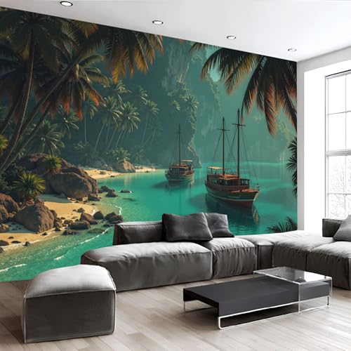 Fresque murale bateau palmier d'une qualité d'impression 3D exceptionnelle