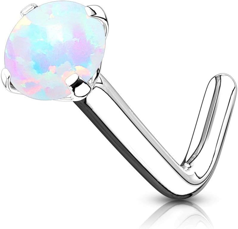 Forbidden Body Jewelry 14k Gold L-Shaped 20g Nose Ring with White Opalite Top
