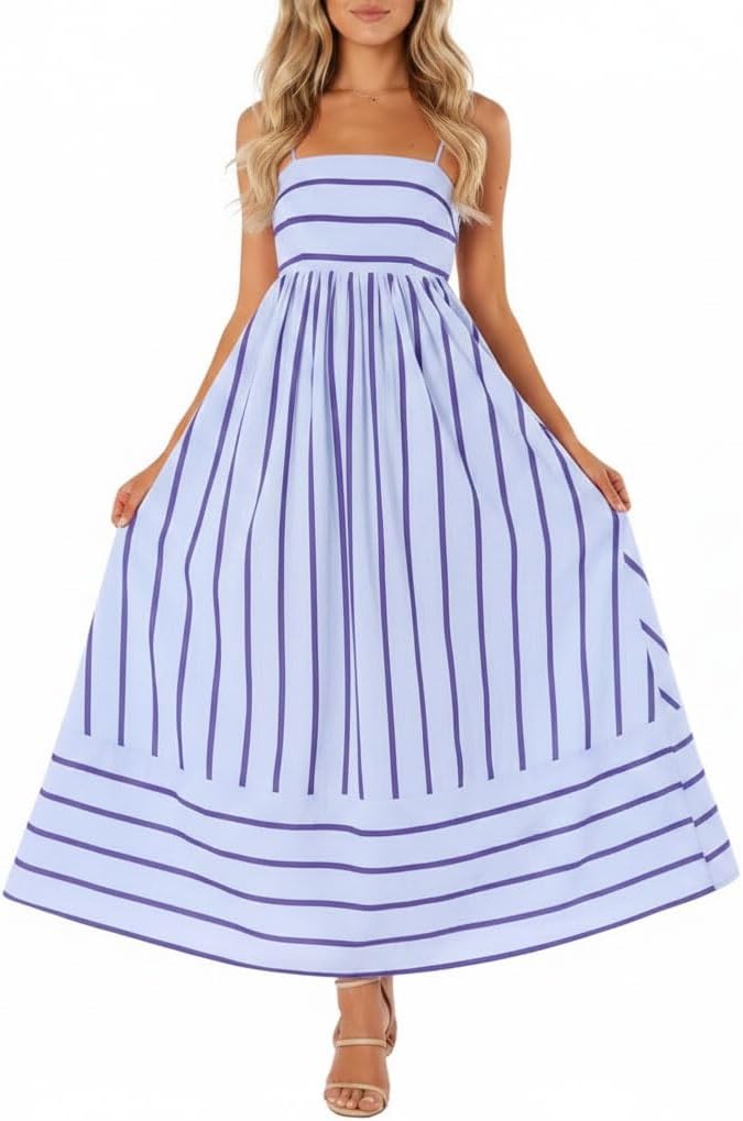 chouyatou Women's Striped Back Smocked Maxi Dress Sexy Spaghetti Strap Cut Out Flowy Swing Long Dress