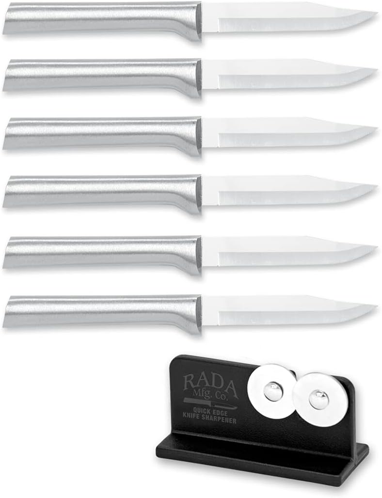 Rada Cutlery Regular Paring Knife (R101) with Quick Edge Sharpener (R119), 3.25" Stainless Steel Blade, Silver Handle, Pack of 6