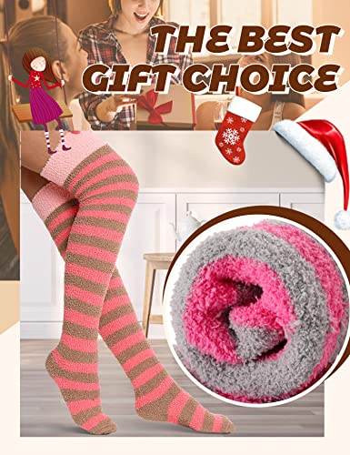 Image of MOGGEI Womens Thigh High Fuzzy Socks Warm Winter Over Knee High Long Striped Fluffy Cozy Fleece Socks 2 Pairs